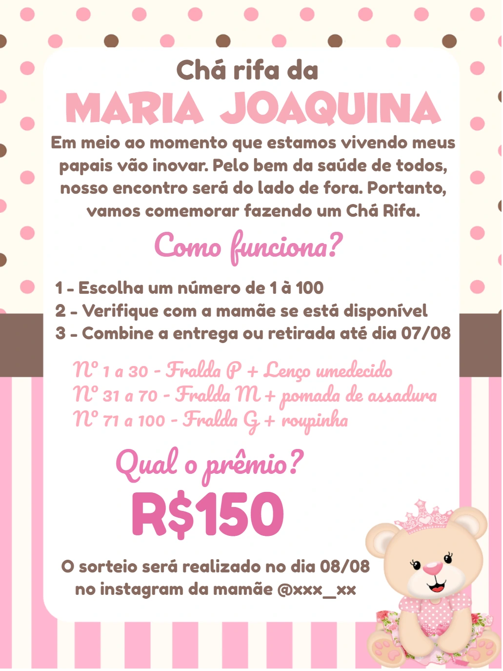 Convite Chá Rifa Ursinha Princesa para Editar Online