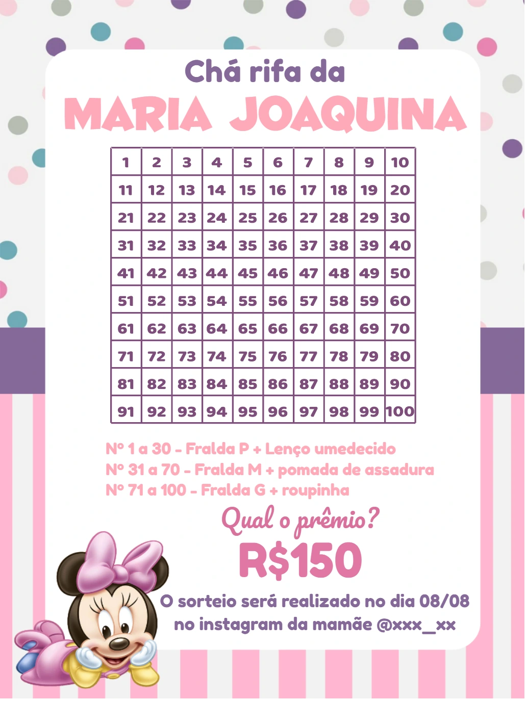 Chá Rifa Minnie Baby Editável para Imprimir ou Enviar