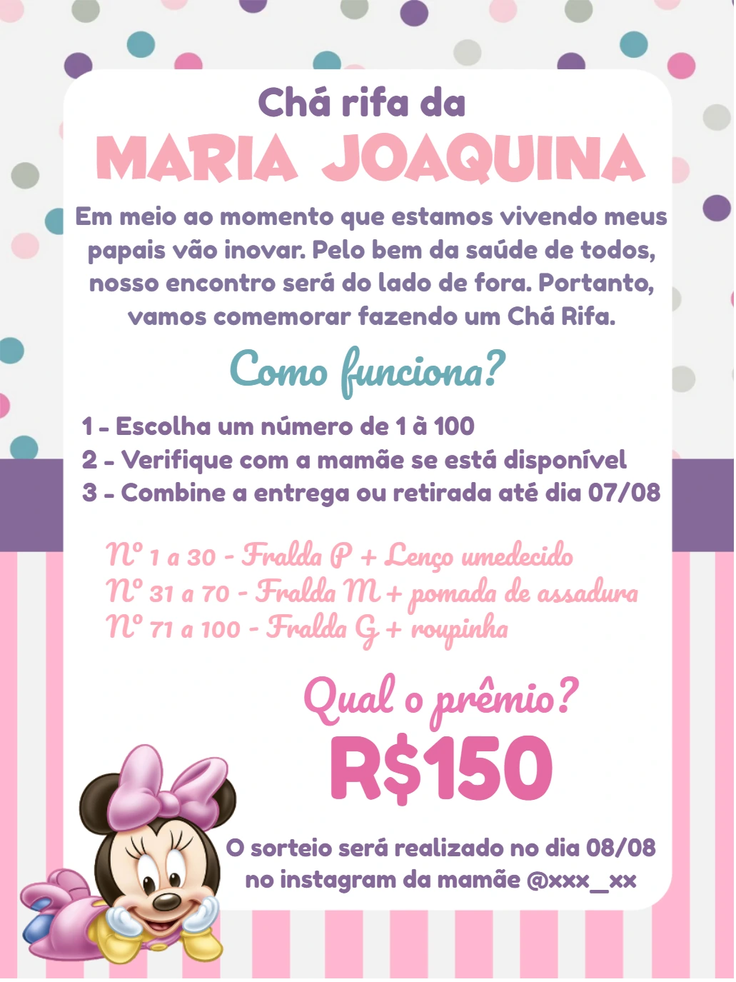 Convite Chá Rifa Minnie Baby para Editar e Enviar Online
