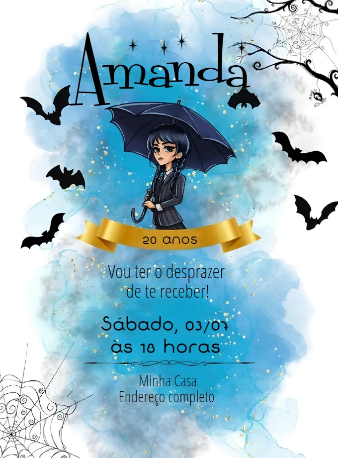 Convite de Aniversário Wandinha Addams Editável Online