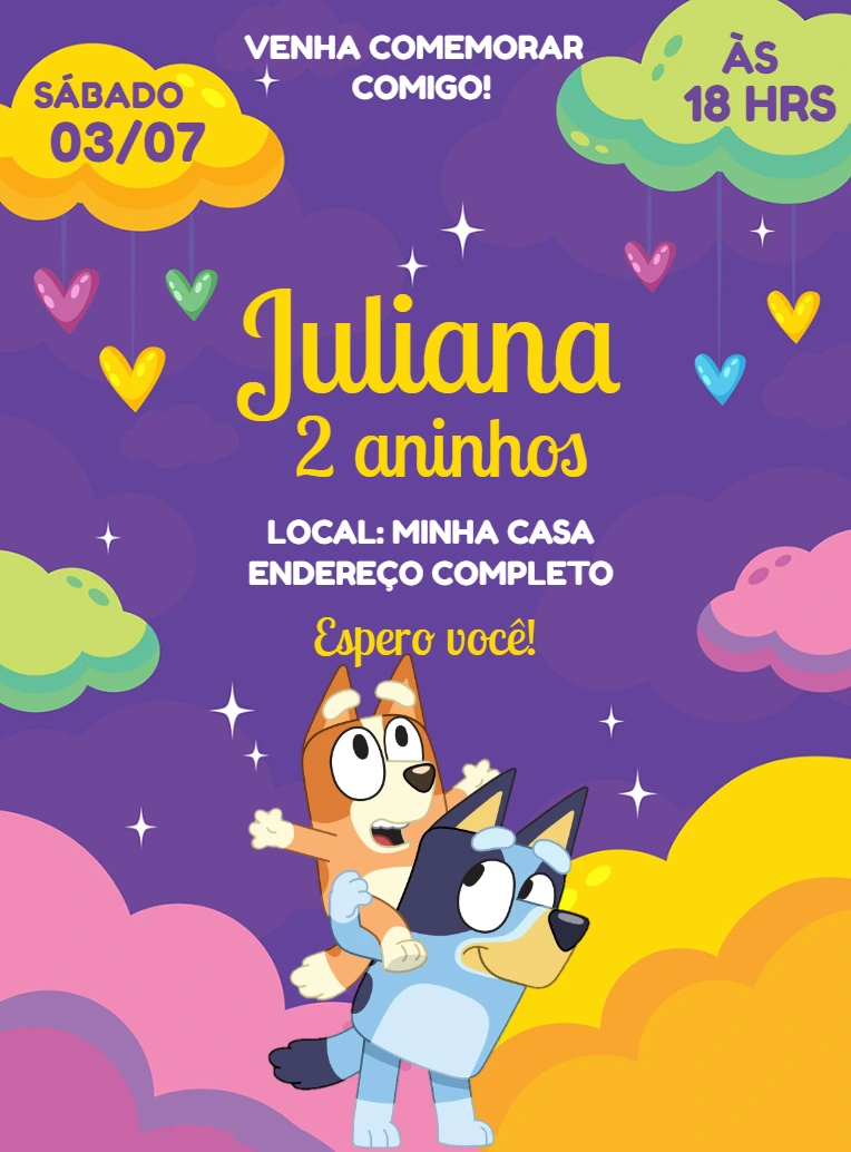 Convite de Aniversário Bluey e Bingo para Editar Online