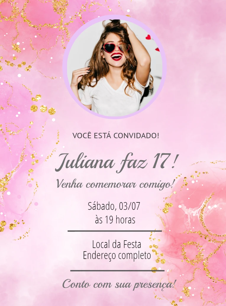 Convite de Aniversário Rosa e Dourado com Foto para Editar Online