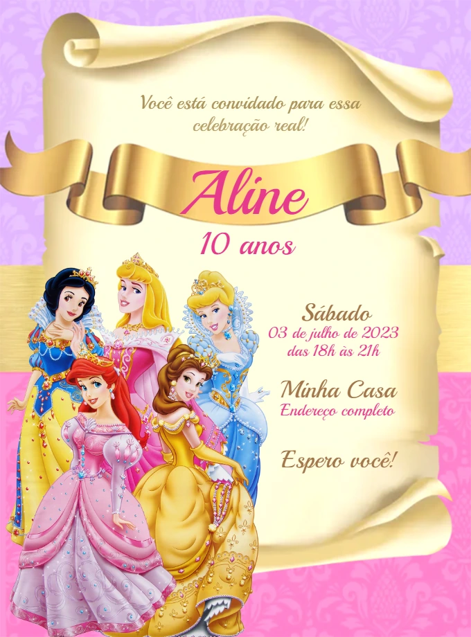 Convite Aniversário Princesas da Disney para Editar Online
