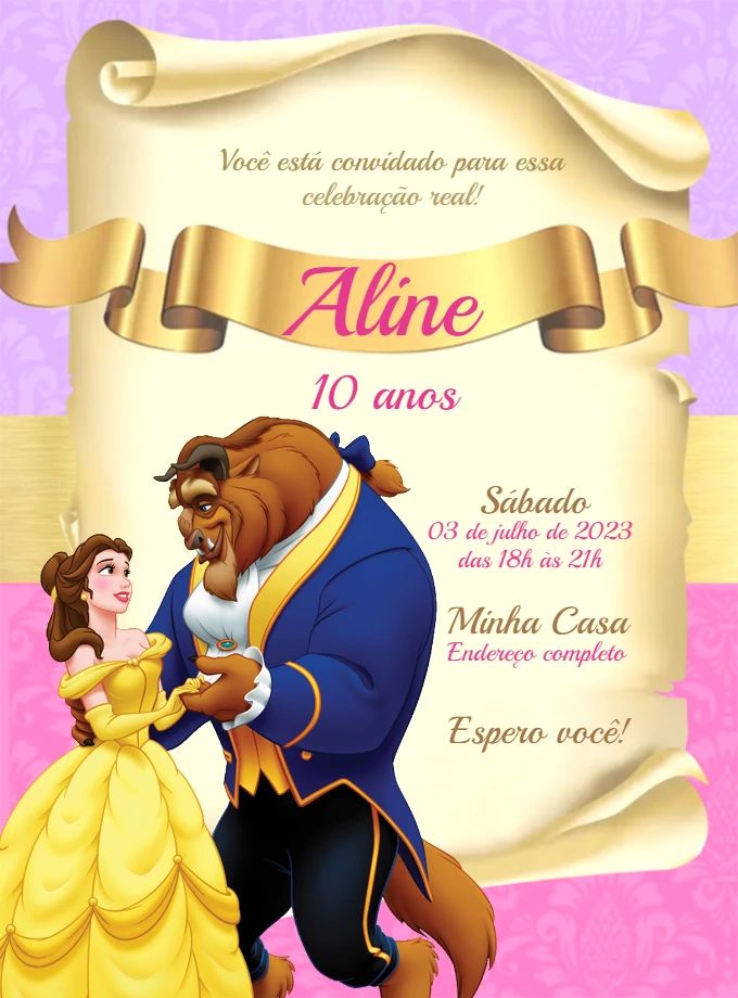 Convite Aniversário A Bela e a Fera para Editar Online