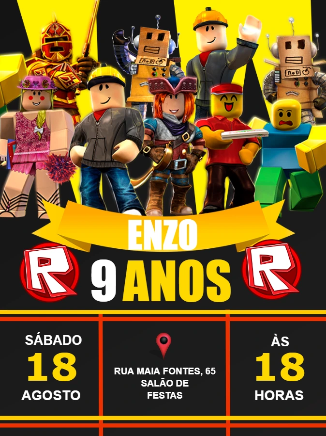 Convite de Aniversário Roblox com Personagens para Editar
