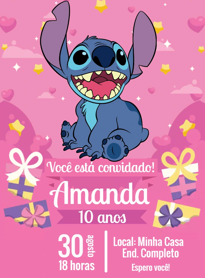 Convite Aniversário Stitch Rosa para Editar Online e Imprimir