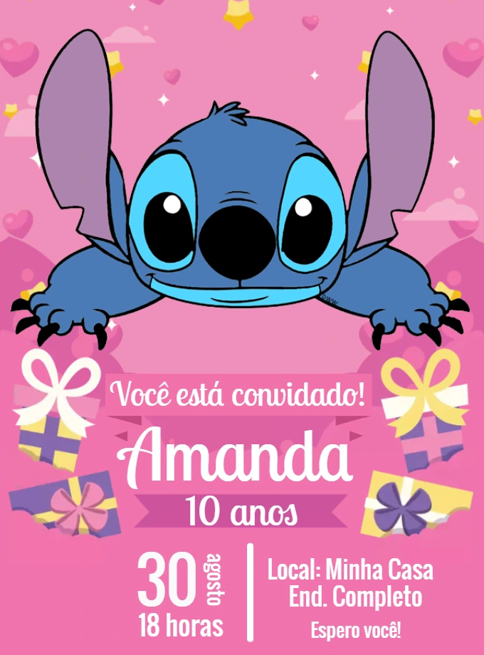 Convite de Aniversário Stitch Rosa para Editar Online