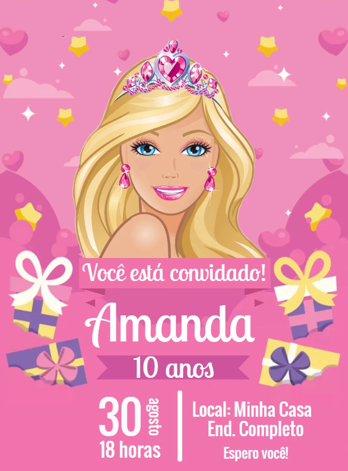 Convite de Aniversário Barbie Princesa para Editar Online