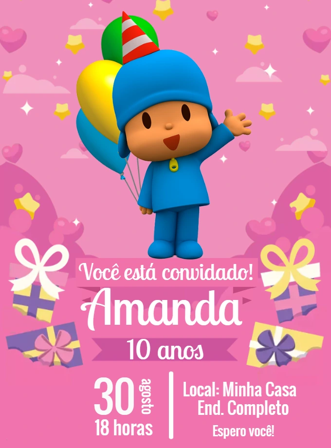 Convite de Aniversário Pocoyo Menina para Editar Online Grátis