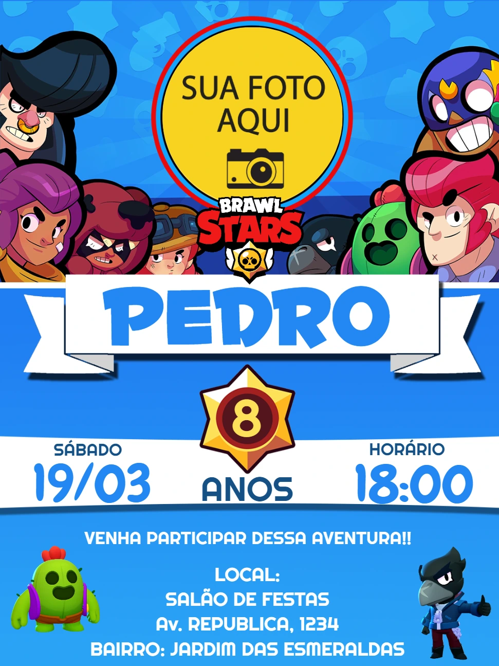 Convite Aniversário Brawl Stars com Foto para Editar Online
