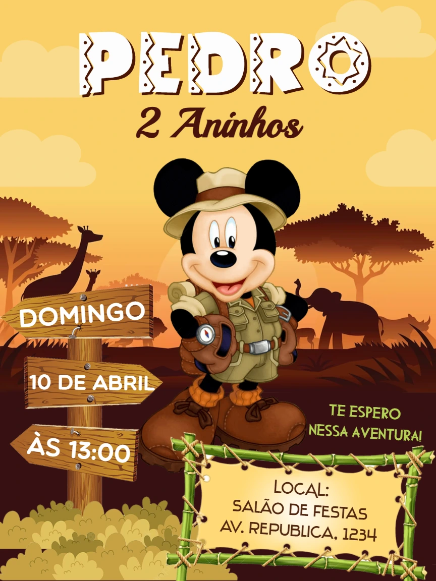 Convite de Aniversário Mickey Safari para Editar Online