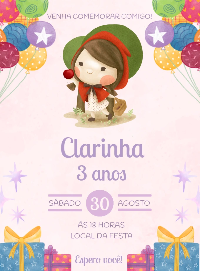 Convite Aniversário Chapeuzinho Vermelho Aquarela para Editar
