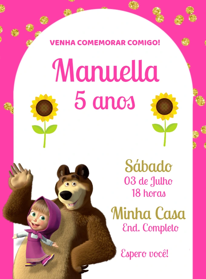 Convite de Aniversário Masha e o Urso com Personagens para Editar