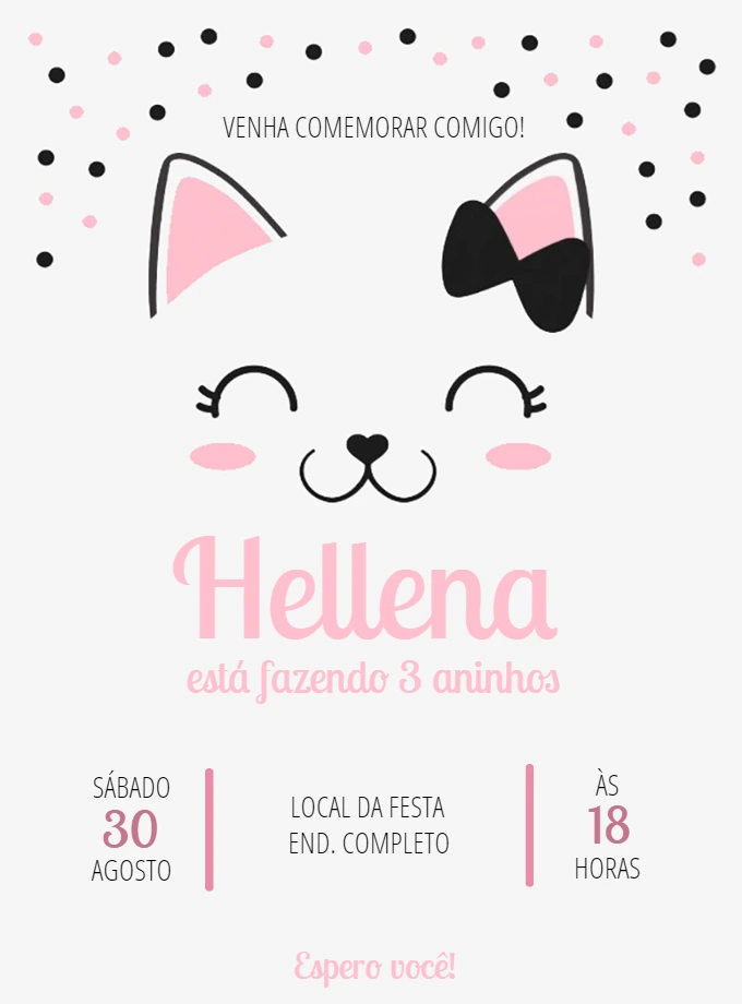 Convite de Aniversário Gatinha Rosa para Editar Online
