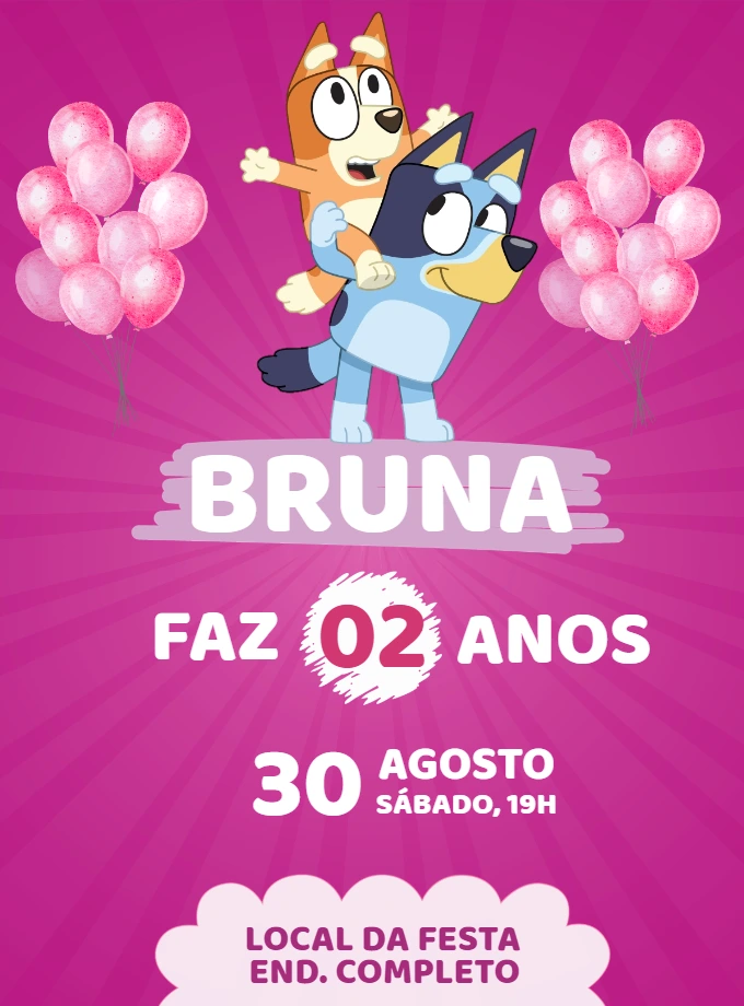 Convite de Aniversário Bluey e Bingo para Editar Online