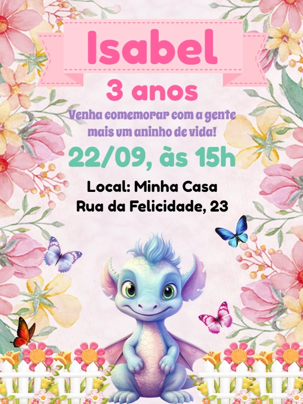 Convite Aniversário Dinossauro Baby Menina para Editar Online