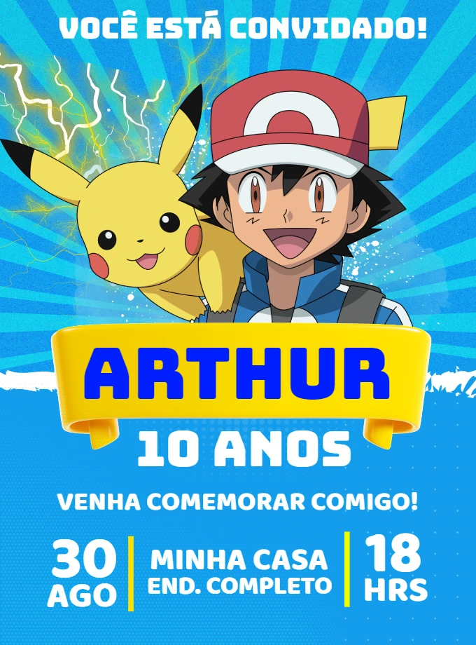 Convite de Aniversário Pokémon com Ash para Editar Online