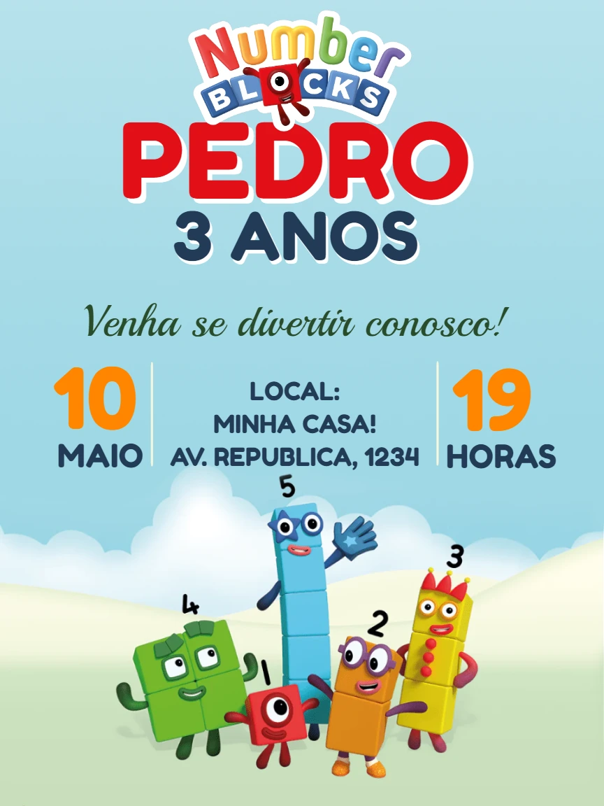 Convite de Aniversário Numberblocks com Personagens para Editar
