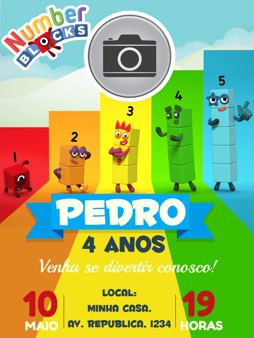 Convite de Aniversário Numberblocks com Foto para Editar Online