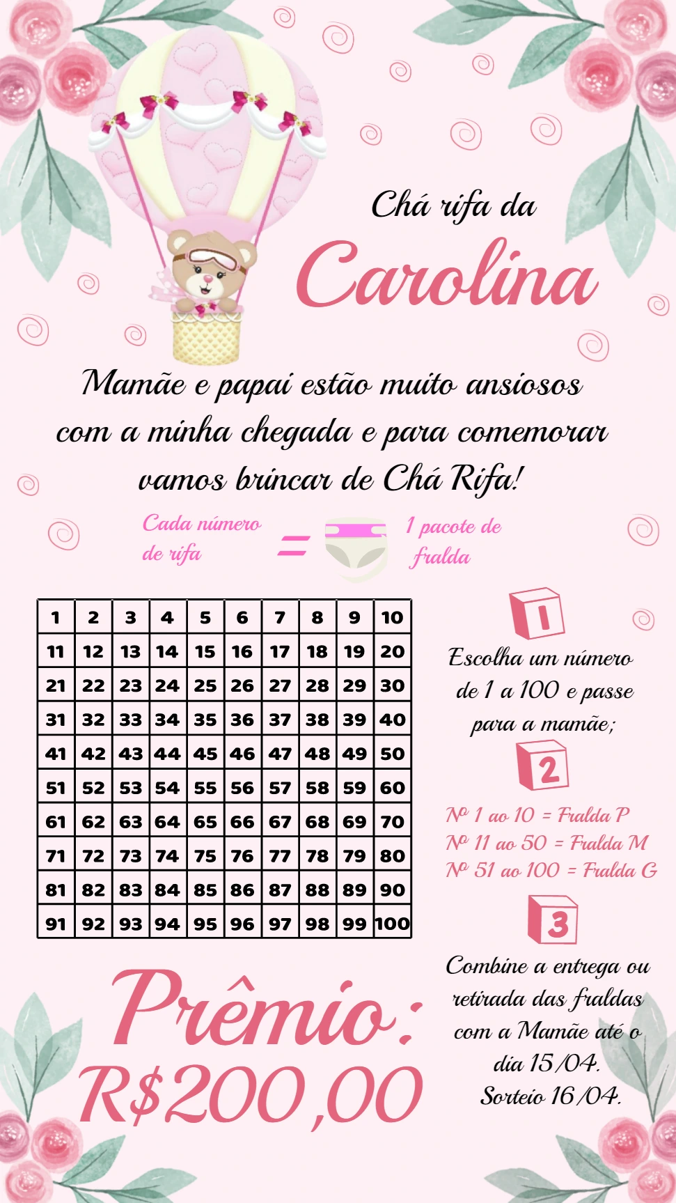Convite Chá Rifa Ursinha Baloeira para Editar e Enviar Online