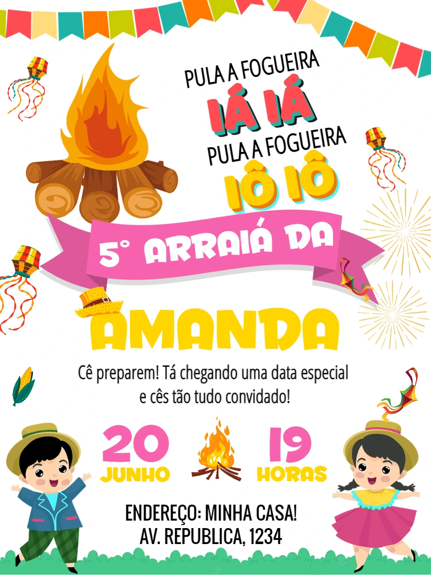 Convite Aniversário Festa Junina com Personagens para Editar