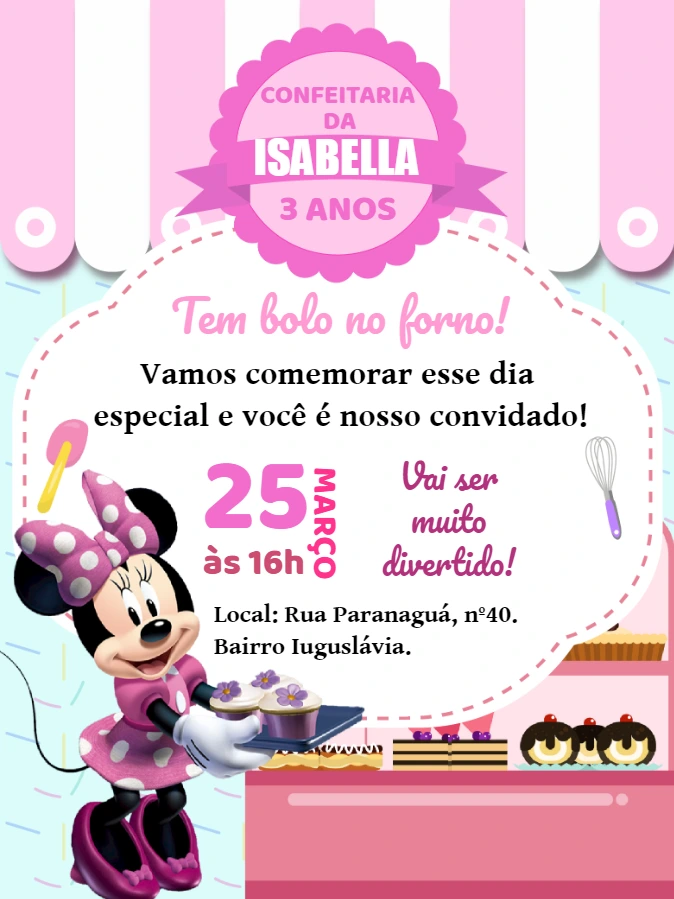 Convite Aniversário Minnie Confeiteira para Editar Online