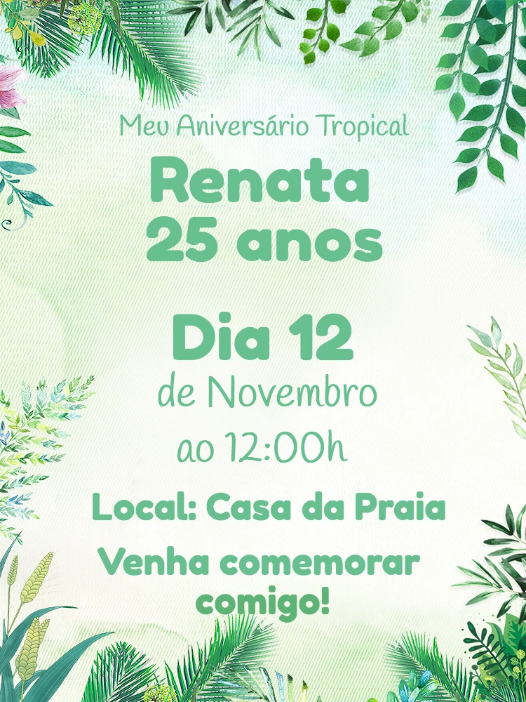 Convite de Aniversário Tropical com Folhagens para Editar Online