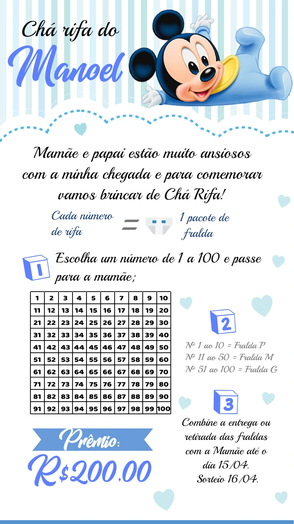 Convite Chá Rifa Mickey Baby Editável para Imprimir