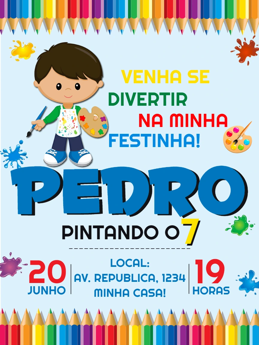 Convite de Aniversário Pintando o Sete para Editar Online