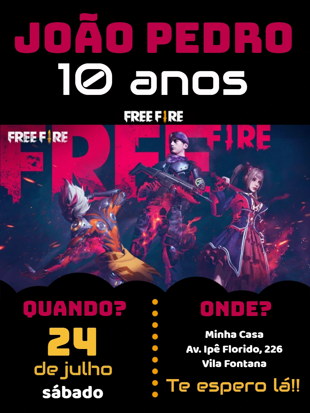 Convite de Aniversário Free Fire com Personagens para Editar