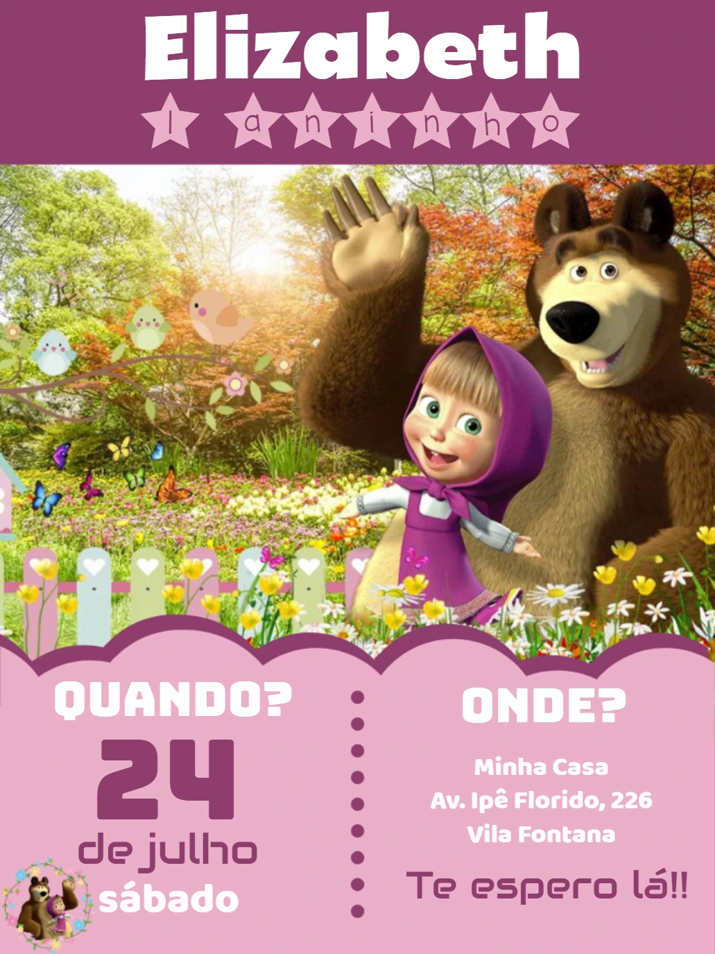 Convite de Aniversário Masha e o Urso para Editar Online