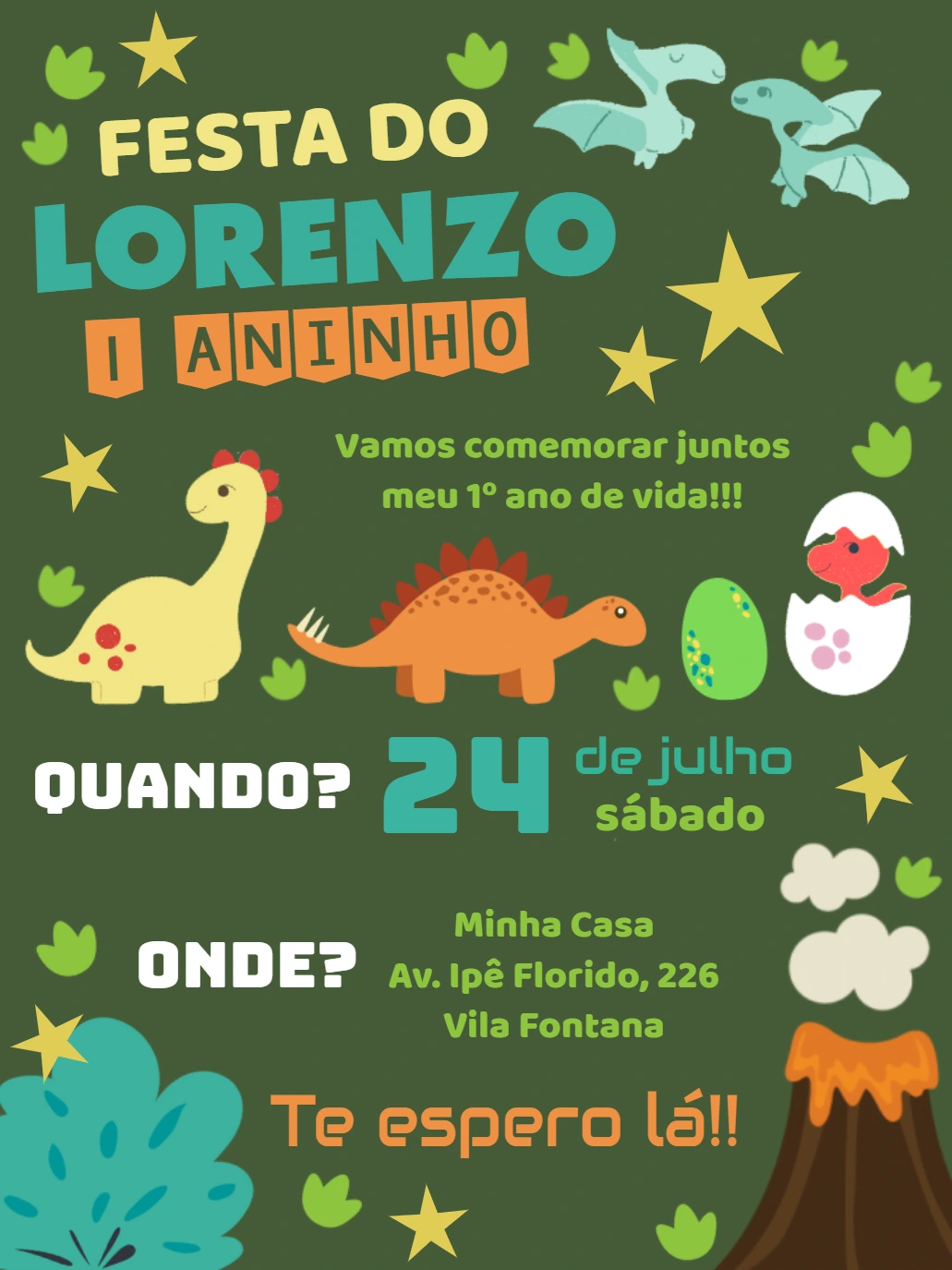 Convite de Aniversário Dinossauros Fofos para Editar Online