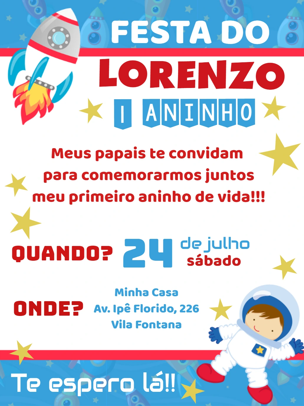 Convite de Aniversário Astronauta para Editar Online