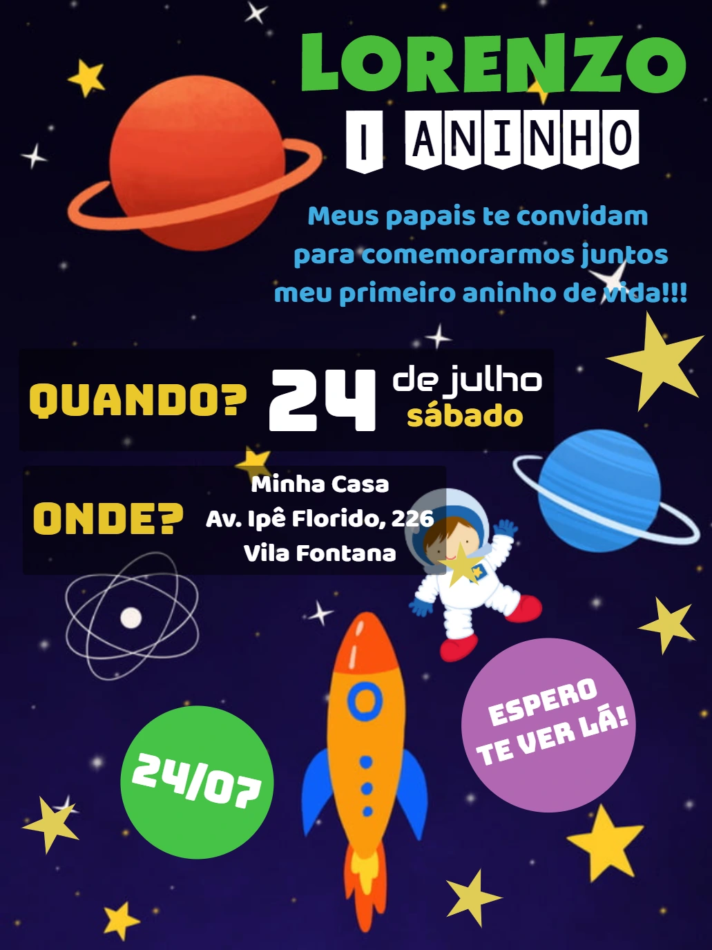 Convite de Aniversário Astronauta Espacial para Editar Online