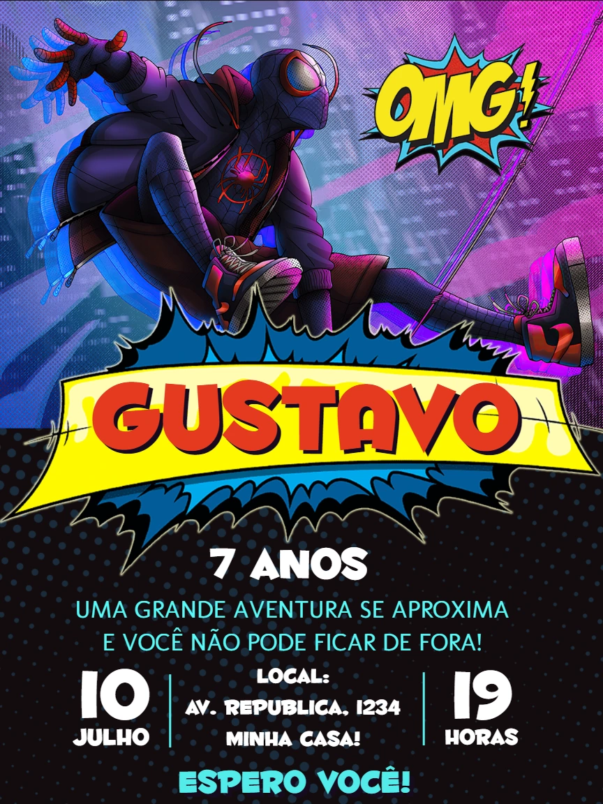 Convite Aniversário Homem Aranha Miles Morales para Editar