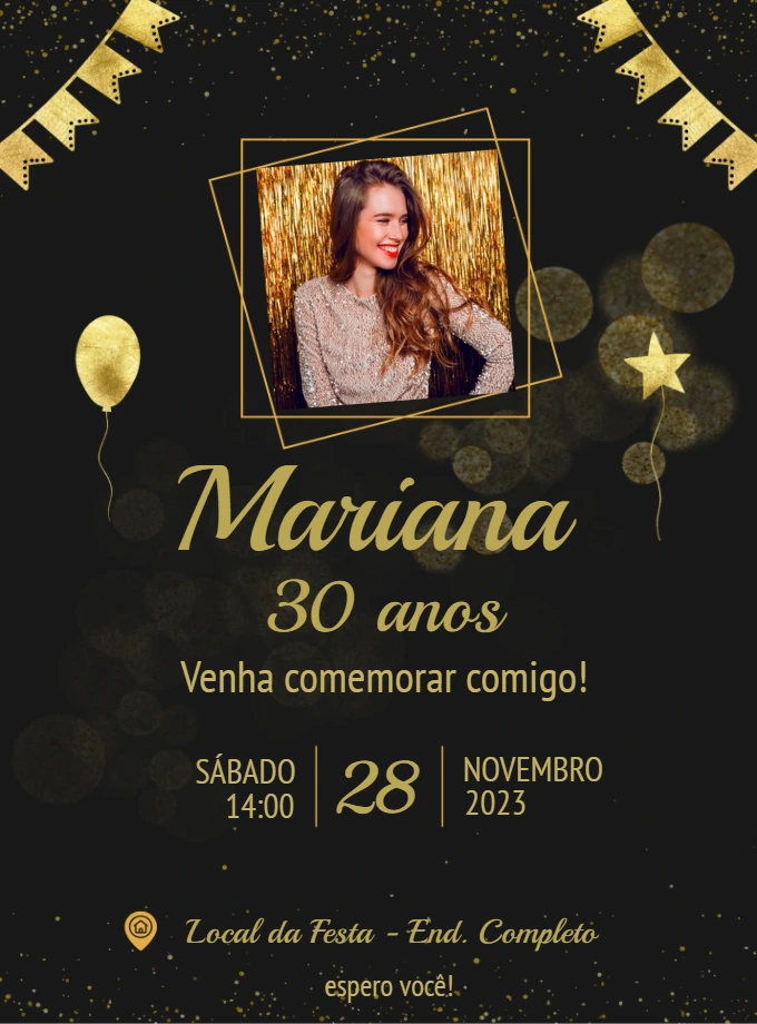 Convite de Aniversário Dourado e Preto com Foto para Editar