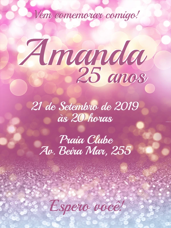 Convite de Aniversário Feminino com Glitter para Editar Online
