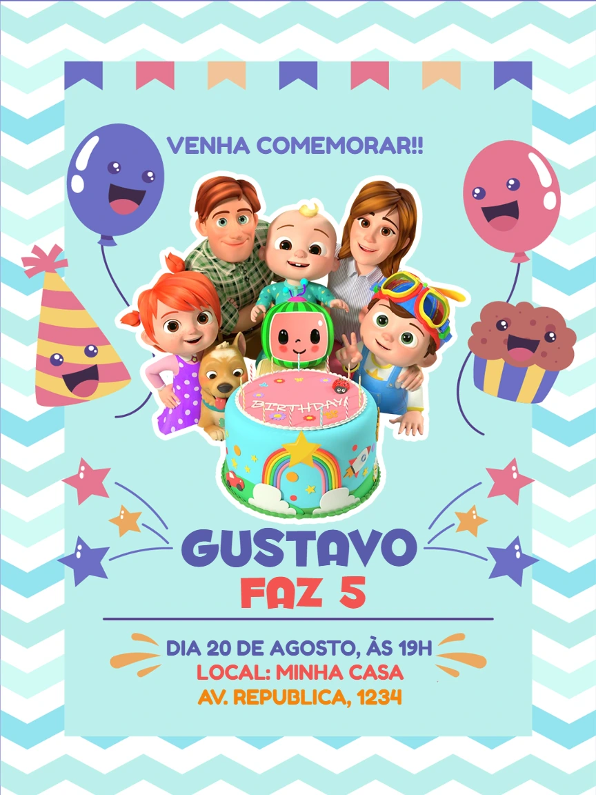 Convite de Aniversário Cocomelon com Personagens para Editar