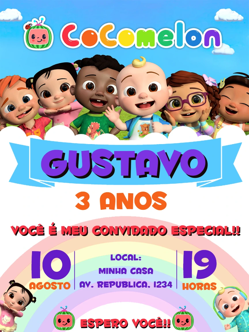 Convite de Aniversário Cocomelon com Personagens para Editar Online