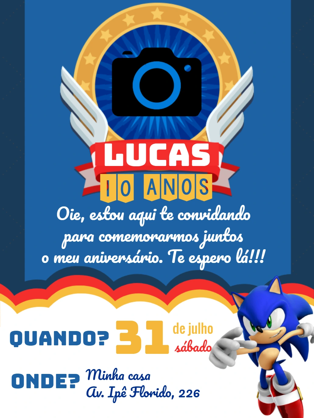 Convite Aniversário Sonic com Foto para Editar Online