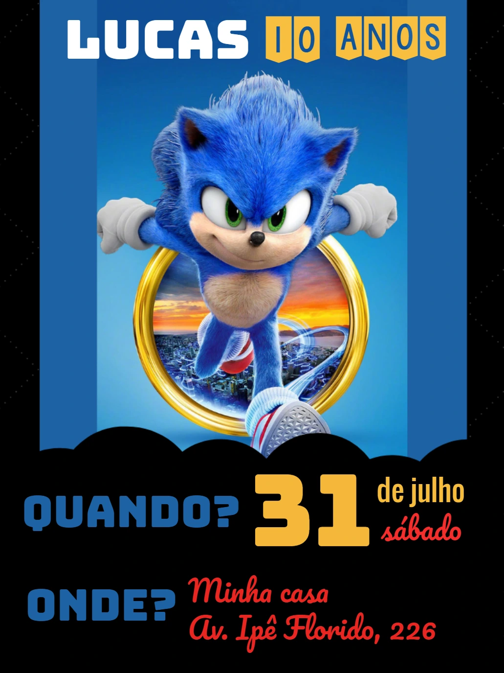 Convite de Aniversário Sonic Editável para Imprimir e Enviar