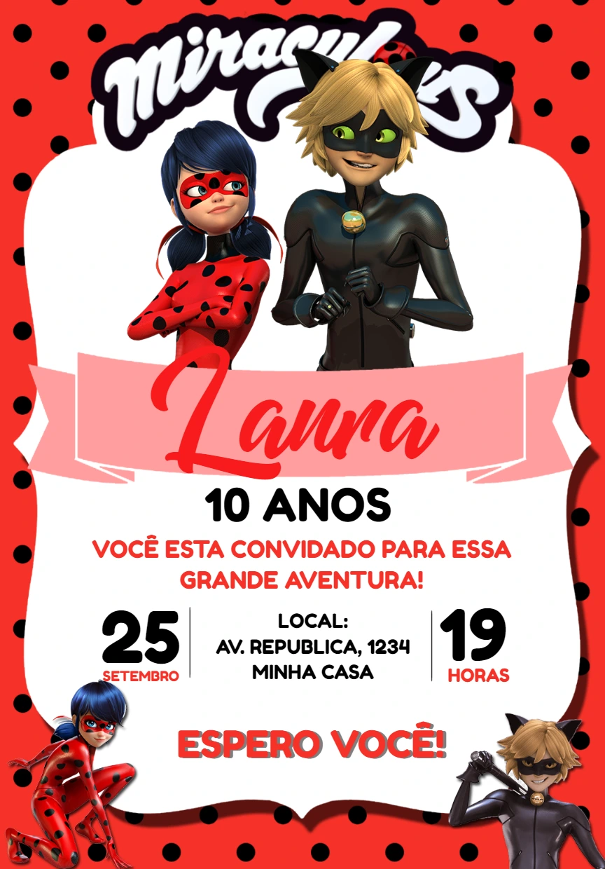 Convite Aniversário Miraculous Ladybug para Editar Online