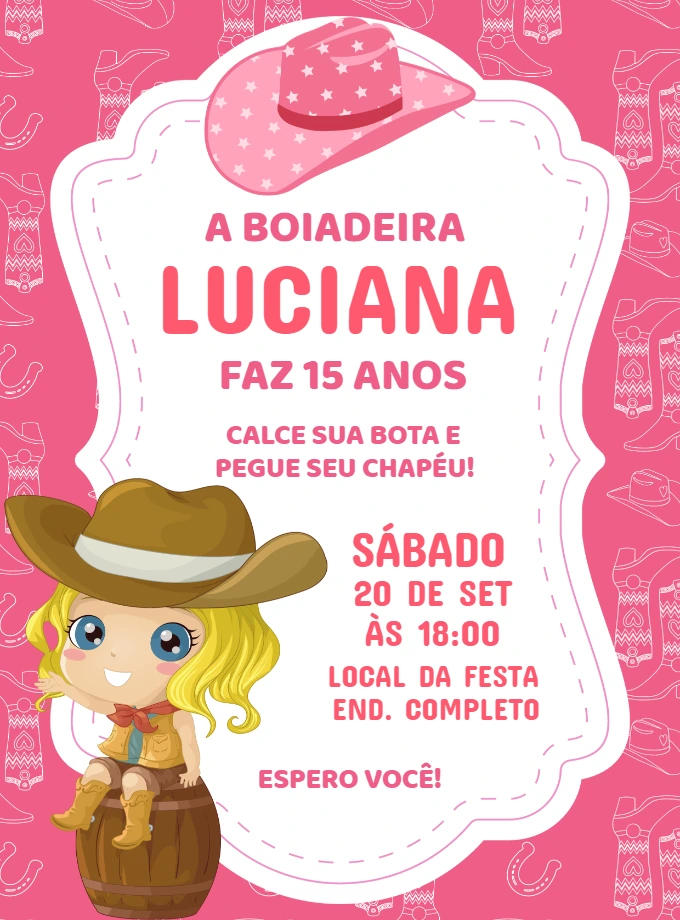 Convite de Aniversário Boiadeira para Editar Online