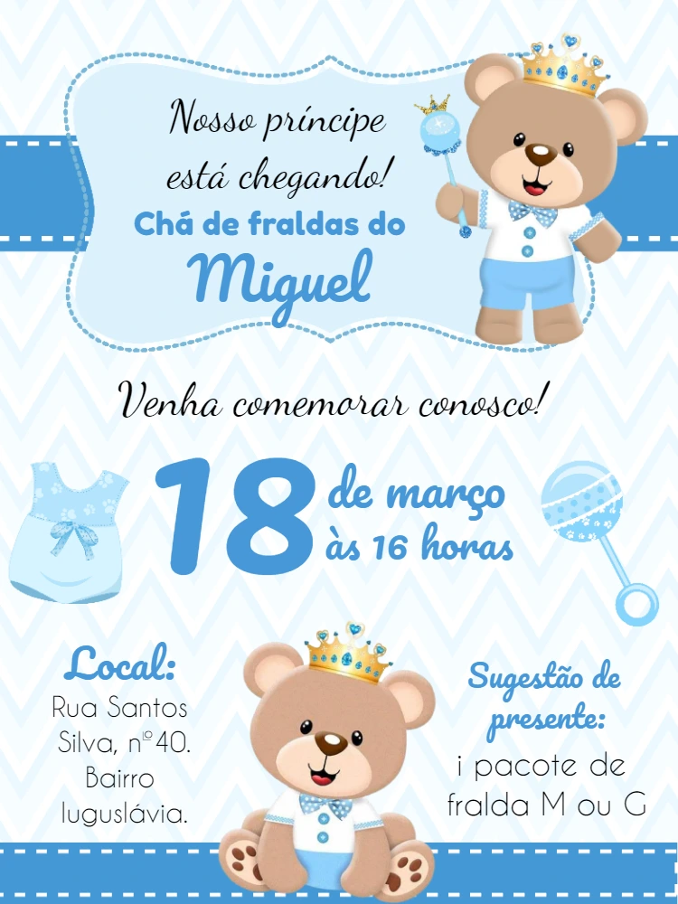 Convite Chá de Bebê Ursinho Príncipe para Editar Online