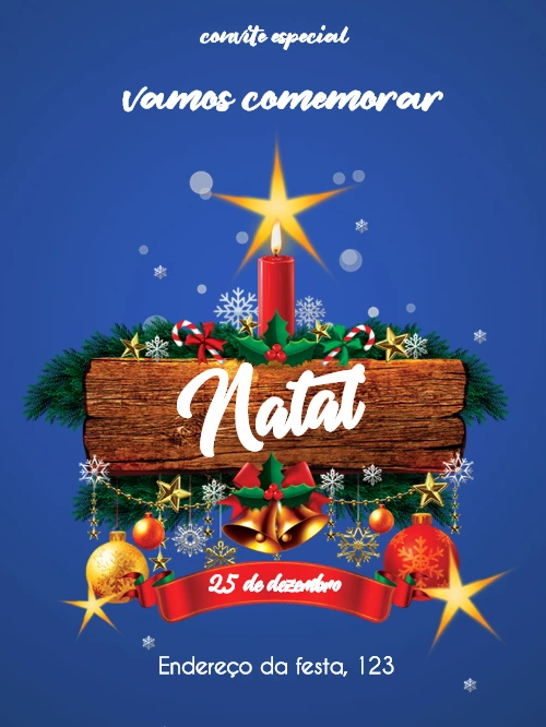 Convite de Natal Rústico com Vela e Enfeites para Editar