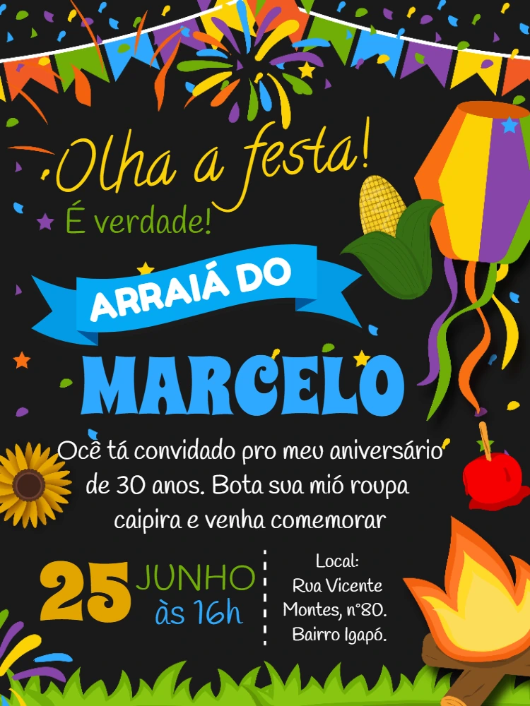 Convite de Aniversário Festa Junina Arraiá Editável Online