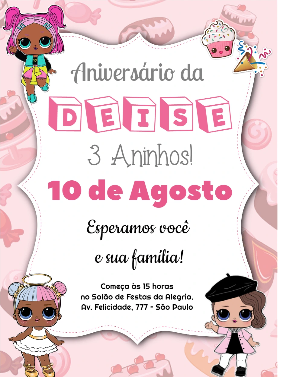 Convite de Aniversário LOL Surprise Editável para Imprimir
