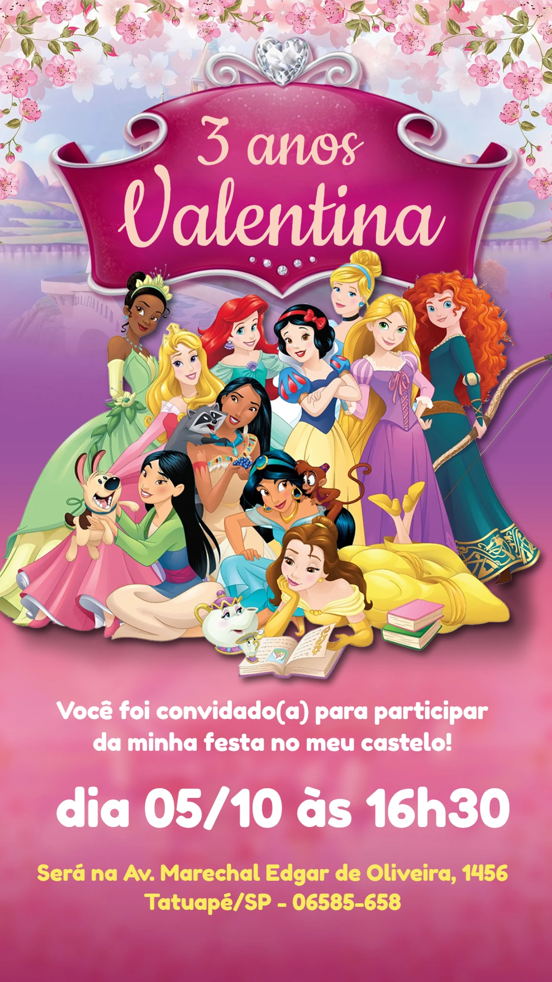 Convite Aniversário Princesas da Disney para Editar Online