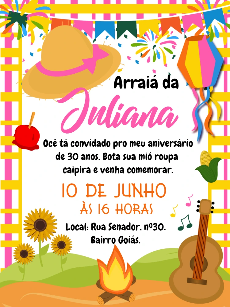 Convite Aniversário Festa Junina com Elementos Típicos para Editar