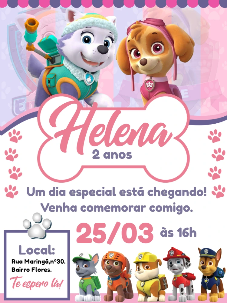 Convite Aniversário Patrulha Canina Skye e Everest para Editar